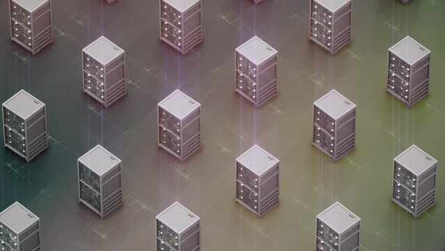 Digital information network and data servers Scaling server room with advanced technology hardware. The center is growing with server racks and a database tech system. 3D render animation.