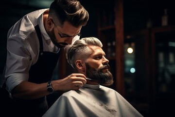 A professional barber skillfully executes a traditional men's haircut, using meticulous tools and techniques for a precise, clean look, showcasing his artistry and mastery.