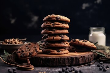 photo wide selective closeup shot of a stack of baked chocolate cookies
