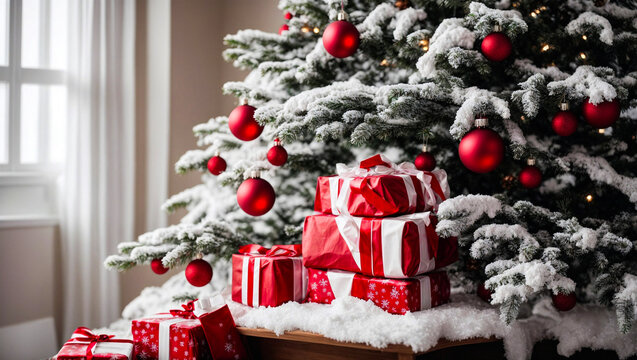 close-up image of christmas tree with christmas presents at home 