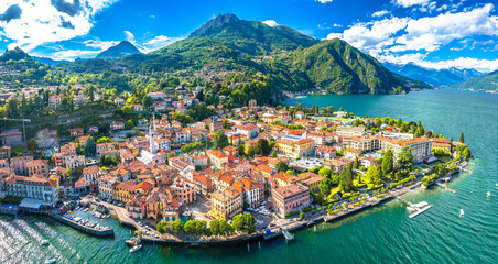 Como Lake and town of Menaggio waterfront aerial panoramic view - obrazy, fototapety, plakaty