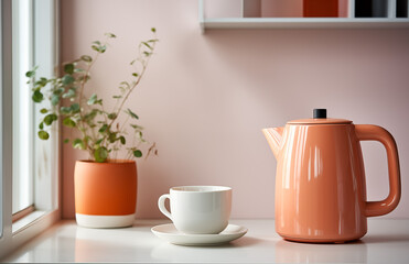 Fototapeta na wymiar minimalist loft-style kitchen with bright kettle and plant