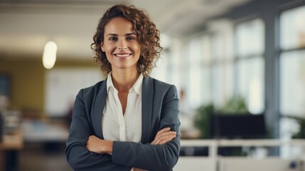 Smiling Businesswoman in Modern Office: Frontal Daytime View
