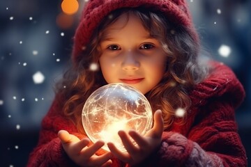 Naklejka premium little girl with a magical Christmas fairy ornament in her hands