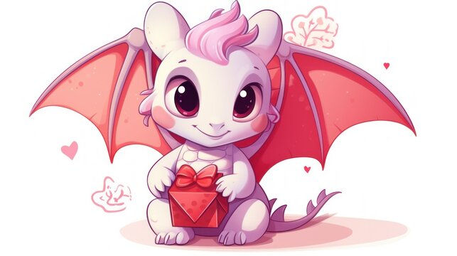 Cute pink Dragon Cartoon with Valentines Gift. Adorable animated dragon character holding a Valentines Day present with hearts and pink hues.