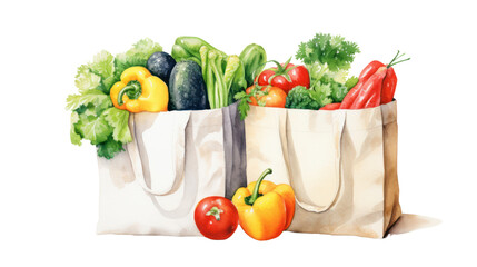 Watercolor vegetables and fruit shopping paper bags Isolated on clear background, PNG file.