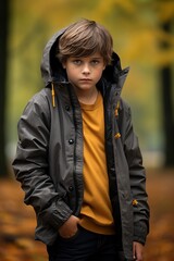 Fototapeta premium boy outdoors in a raincoat looking sadly on the rainy autumn day