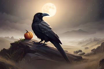 illustration with raven and pumpkins on a halloween theme