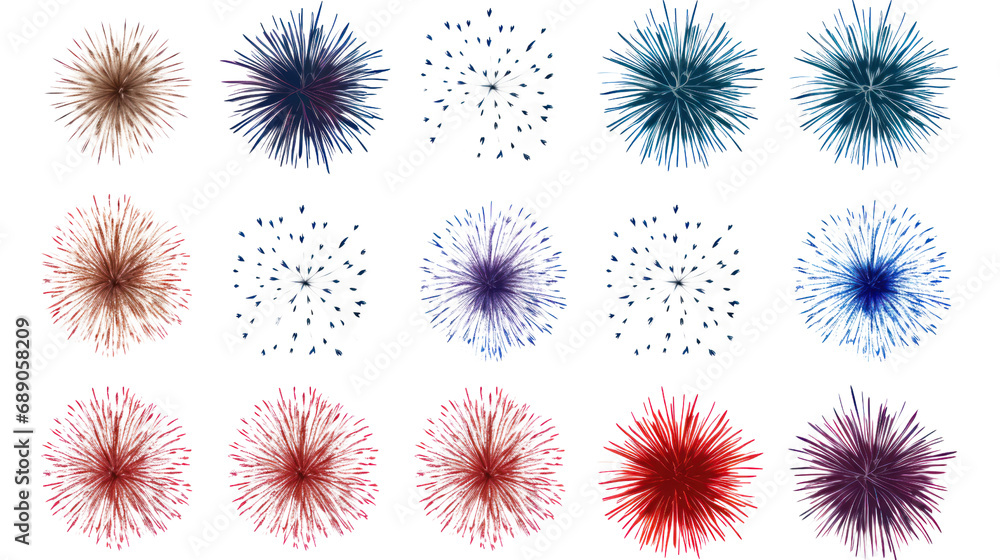 Aufkleber Set of vector fireworks isolated from transparent background PNG file.