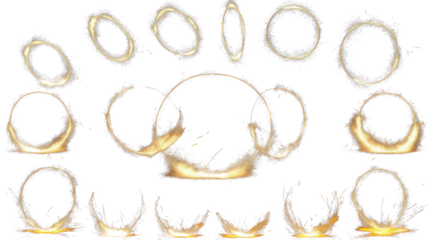 Set of transparent arcs and campfires and sparks isolated from transparent background PNG files.