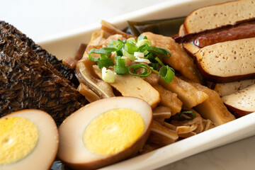 Delicious lu wei, lou mei, braised dishes with master stock or lou sauce.