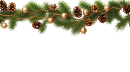 Seamless Christmas pattern with pine branches and garland of Christmas lights. There is space left for text. Separated into a PNG file with a transparent background.