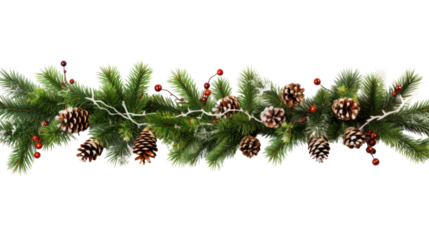 Seamless Christmas pattern with pine branches and garland of Christmas lights. There is space left for text. Separated into a PNG file with a transparent background.