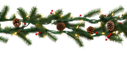 Seamless Christmas pattern with pine branches and garland of Christmas lights. There is space left for text. Separated into a PNG file with a transparent background.