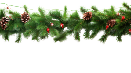 Seamless Christmas pattern with pine branches and garland of Christmas lights. There is space left for text. Separated into a PNG file with a transparent background.