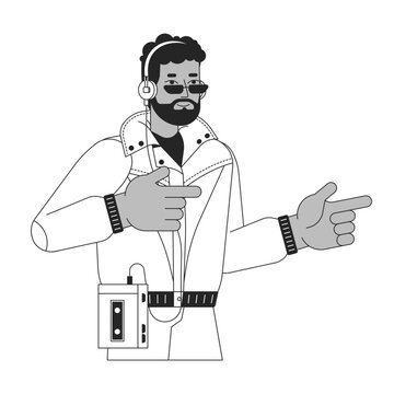 African american man 80s finger guns gesture black and white 2D line cartoon character. Black bearded male isolated vector outline person. 90s nostalgia lifestyle monochromatic flat spot illustration