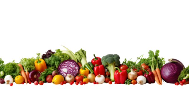 Seamless border consisting of colorful fresh vegetables and herbs. Isolated on transparent background, PNG file.