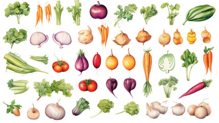 Illustration of vegetables Isolated vegetable elements Isolated on a clear background, PNG file. - obrazy, fototapety, plakaty