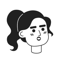 Hispanic ethnicity young woman surprised black and white 2D vector avatar illustration. Wow astonished latina outline cartoon character face isolated. Brunette girl flat user profile image, portrait