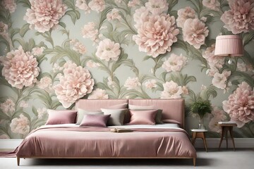 interior luxurious bedroom design with one wall painted with the vivid floral waves background 3d background in blue pink red yellow background 