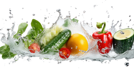 Fresh vegetables in splashing water Isolated on a clear background, PNG file.