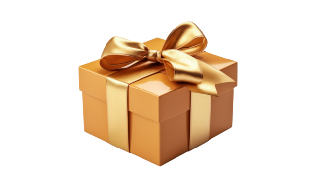 Gift box with luxury gold ribbon isolated on transparent background. PNG file.