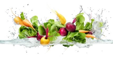 Floating mixture of root crops, vegetables and greens with splashing water droplets. Healthy organic food, flying food, splashing fruit juice Isolated on a clear background, PNG file.