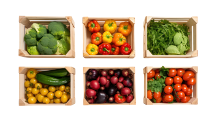 Box with various fresh vegetables. Top view. Space for text isolated on PNG file. Transparent background.