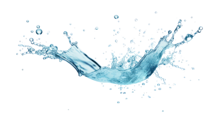 Clear blue water splashes and waves with drops. Vector liquid splash with drops. Realistic isolated 3D element. Isolated on clear background, PNG file.