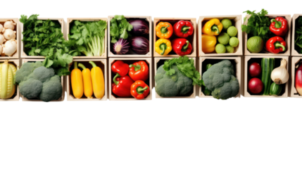 Box with various fresh vegetables. Top view. Space for text isolated on PNG file. Transparent background.