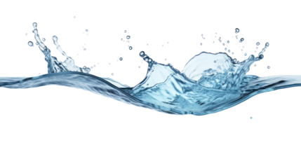 Clear blue water splashes and waves with drops. Vector liquid splash with drops. Realistic isolated 3D element. Isolated on clear background, PNG file.