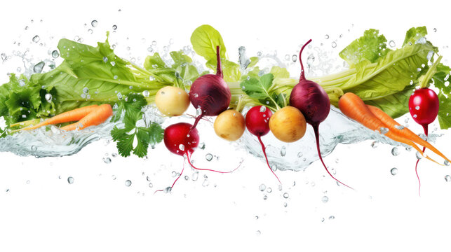 Floating mixture of root crops, vegetables and greens with splashing water droplets. Healthy organic food, flying food, splashing fruit juice Isolated on a clear background, PNG file.
