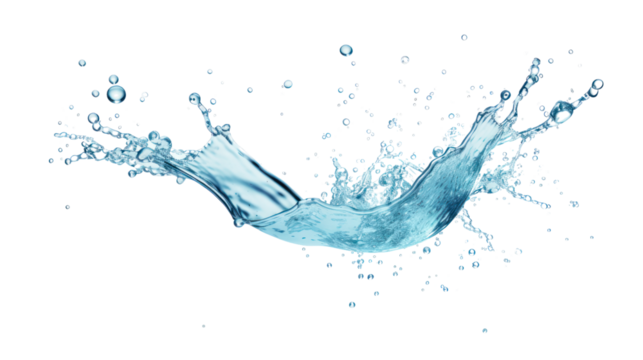 Clear blue water splashes and waves with drops. Vector liquid splash with drops. Realistic isolated 3D element. Isolated on clear background, PNG file.