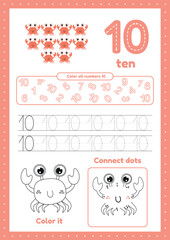 Kids activity page with many exercises. Learn number ten. Coloring, tracing crab