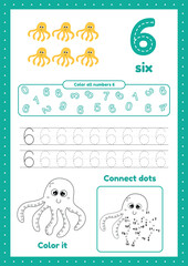 Kids activity page with many exercises. Learn number six. Coloring, tracing octopus