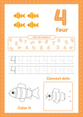 Obraz premium Kids preschool worksheet with many exercises. Learn number four. Coloring, tracing fish