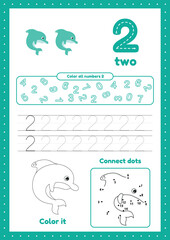 Kids activity pages. Learn numbers. Preschool worksheets. Number one. Coloring, tracing dolphin