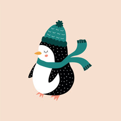 Cute penguin with winter hat and scarf hand drawn vector illustration. Isolated adorable Christmas bird in flat style for kids poster, icon or logo.