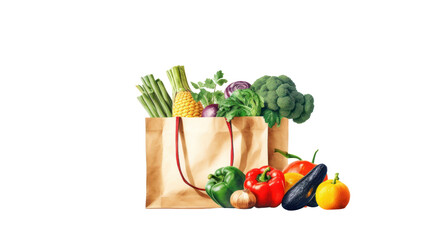 Watercolor vegetables and fruit shopping paper bags Isolated on clear background, PNG file.
