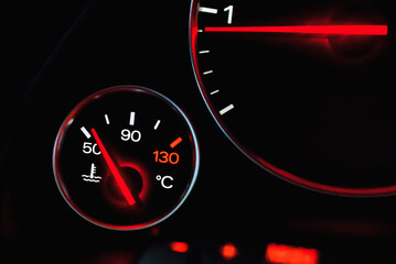 Car's dashboard.Modern car dashboard panel at night time.Closeup,selective focus.