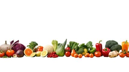 Seamless border consisting of colorful fresh vegetables and herbs. Isolated on transparent background, PNG file.