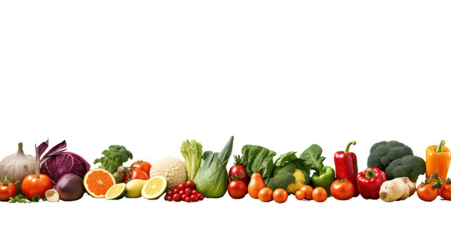 Seamless border consisting of colorful fresh vegetables and herbs. Isolated on transparent background, PNG file.