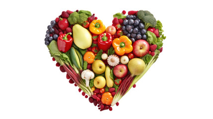 Naklejka na ściany i meble Abstract love hearts made from fresh vegetables and fruits. Isolated on clear background, PNG file.