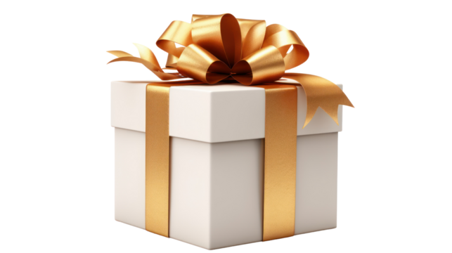 Gift box with luxury gold ribbon isolated on transparent background. PNG file.