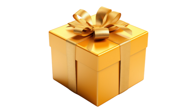 Gift box with luxury gold ribbon isolated on transparent background. PNG file.
