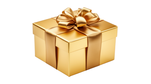 Gift box with luxury gold ribbon isolated on transparent background. PNG file.
