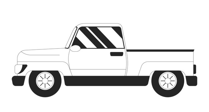 Car side view black and white 2D line cartoon object. Transport auto. Driving motor vehicle isolated vector outline item. Van truck pick-up. Automobile pickup monochromatic flat spot illustration