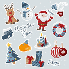 Christmas sticker set in red and blue colors. New year stickers with white outline. Reindeer, santa claus, candle, christmas tree, baubles, tangerine, mittens, stocking, snowman. Vector illustration.