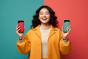 A joyful Asian woman holding a red and a teal smartphone against a split teal and coral background, illustrating a problem of choice - obrazy, fototapety, plakaty