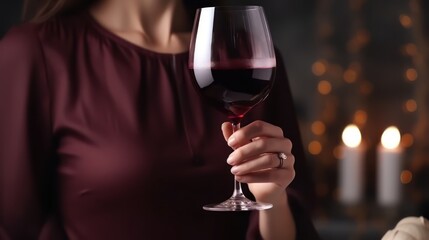 Red wine in a glass in female hand. Beautiful woman holding glass with red wine. Alcoholic drinks. Drinking wine.